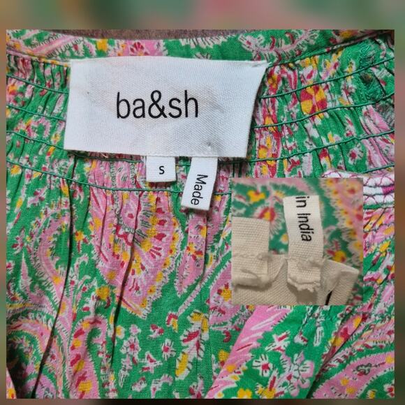 Ba&sh Lady Dress Small Green Pink Paisley V-Neck A Line 3/4 Sleeve Tiered Odeon - Picture 4 of 11